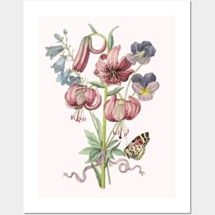 Lily Flower Bouquet with Butterfly Vintage Botanical Illustration Posters and Art